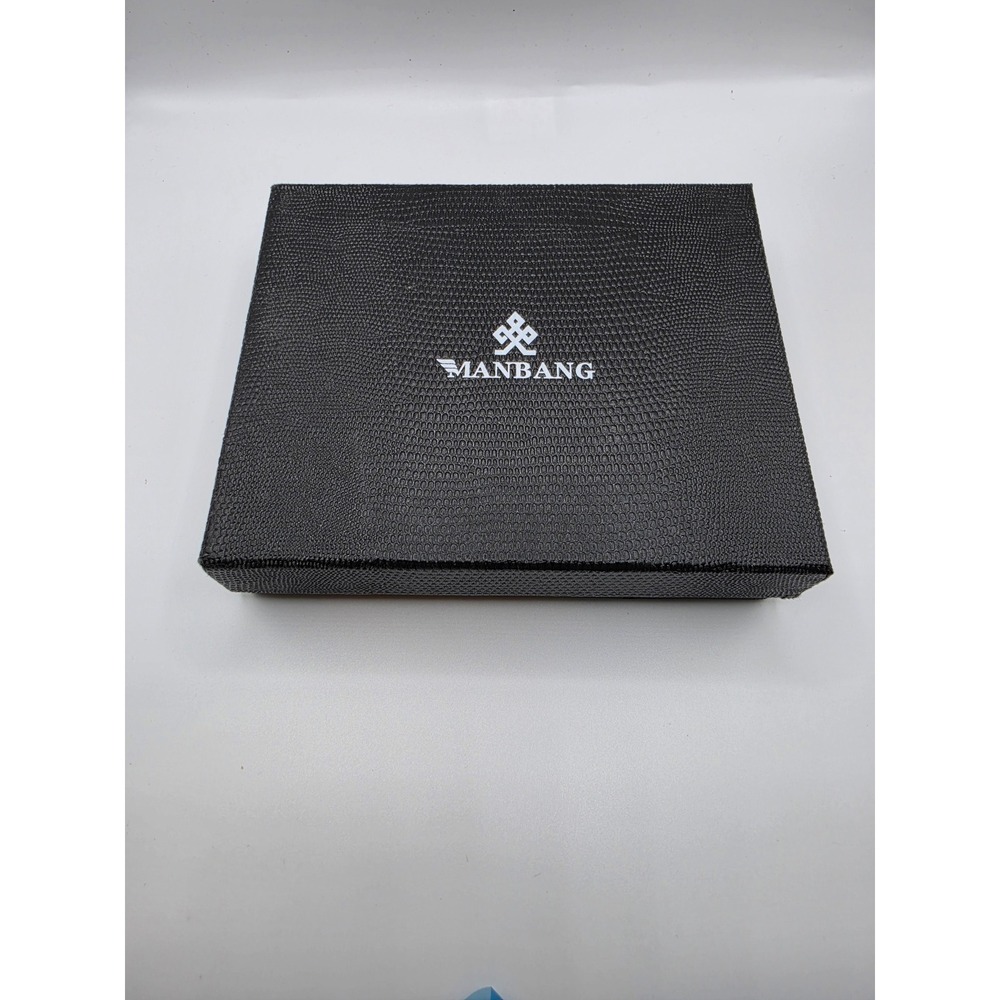 Manbang Mens Black Genuine Leather Bifold Wallet with Zipper Pocket and Gift Box